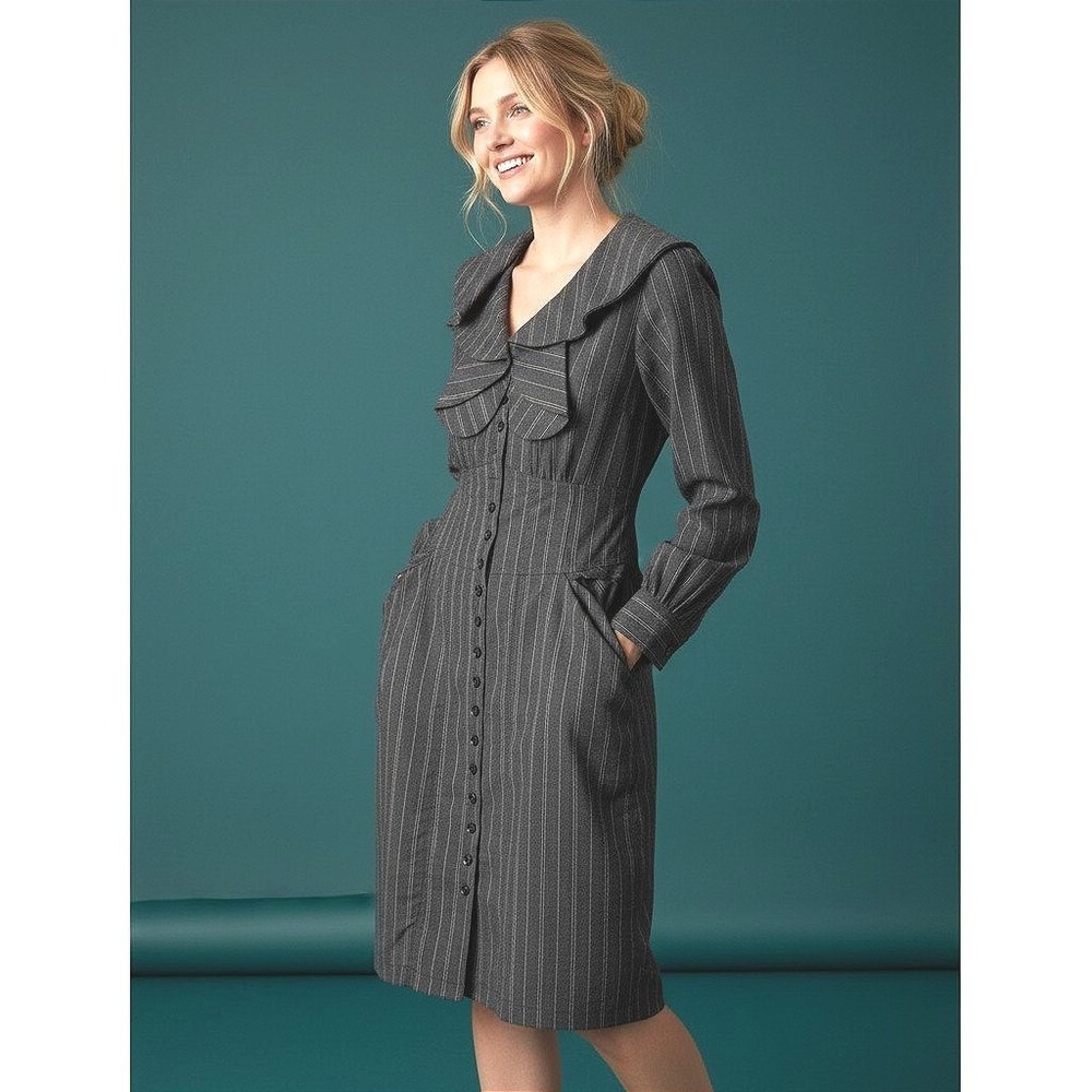Vintage Twelve by Twelve Pinstripe Black Ruffle Button Front Dress Stretch M